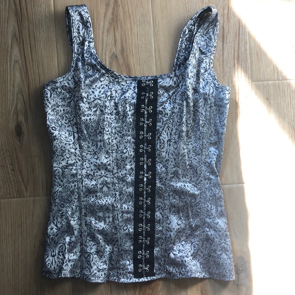 Black and silver metallic corset with boning.